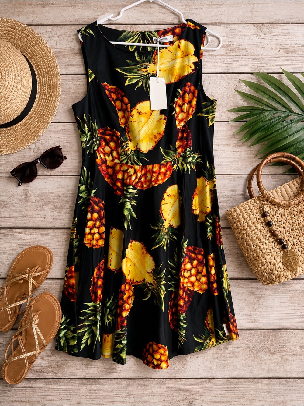 NWT Grace Karin Pineapple Print Fit & Flare Swing Dress Black Yellow Large